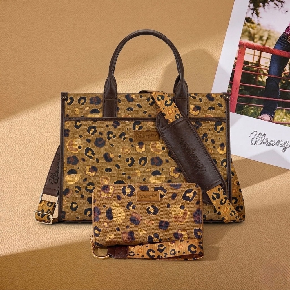 Wrangler Leopard Print Canvas Oversized Tote with Adjustable Strap + Wallet CF